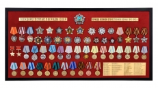 Планшет Награды СССР (92,0x46,0 см) со стеклянной крышкой. В комплекте - 53 муляжа орденов и медалей, вручавшихся в период ВОВ  фото
